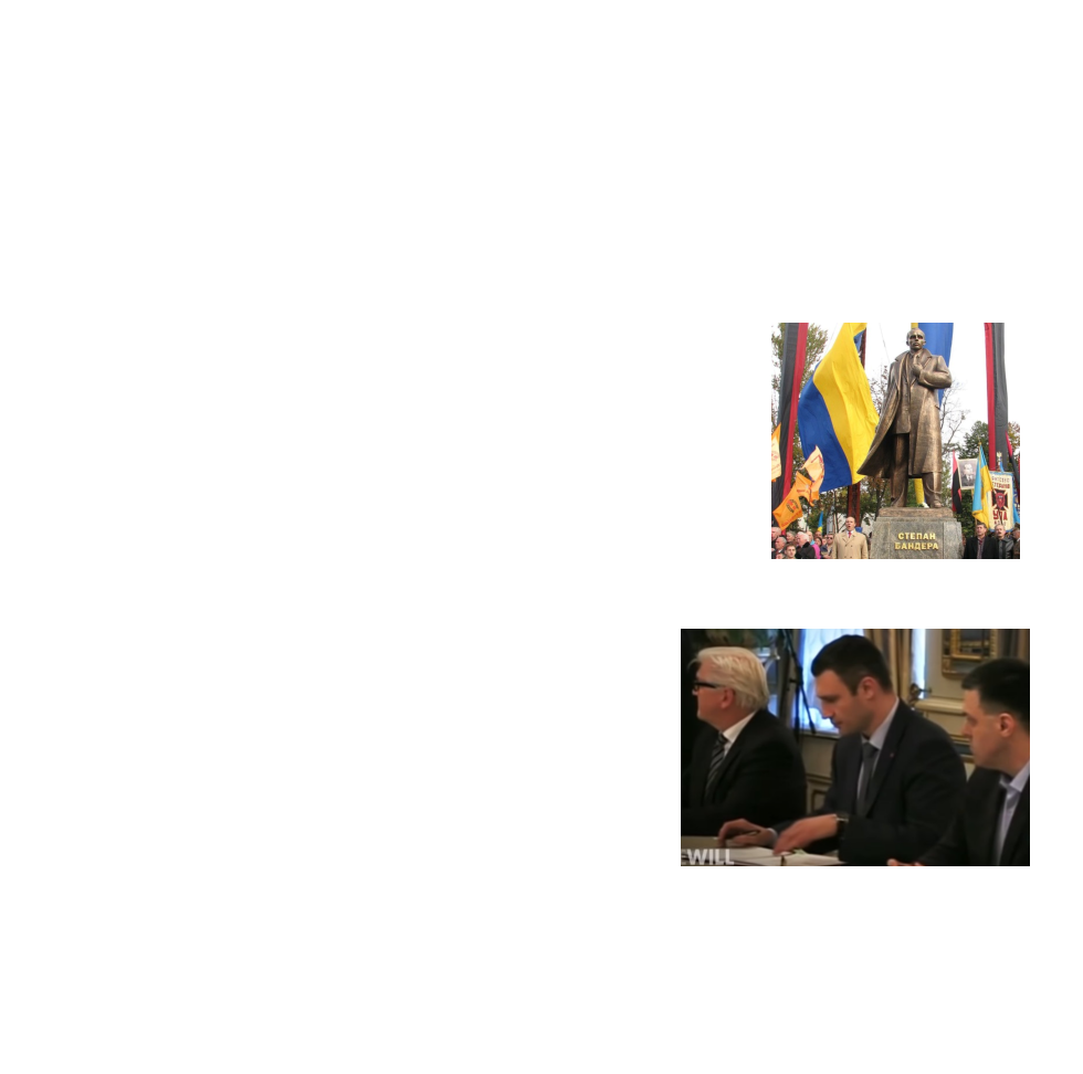 Russland - Klargestellt! Beiträge zur aktuelle Situation im wiederauflebenden Ost-West Konflikt Persönlicher Brief an Bundespräsidenten Frank-Walter Steinmeier   Mit wem sollen wir Solidarität üben zum Preis der Einbußen?  Mit den Flüchtlingen?Als 2015 eine gewaltige Flüchtlingswelle unser Land erreichte, war von Einbußen nicht die Rede, im Gegenteil: “Wir schaffen das“ und es war auch so! Durch die Solidarität. Aber niemand kam auf die Idee, Einbußen anzumahnen. Refugees welcome ist und bleibt aktuell. Aber wer solche Ängste schürt, schürt auf Vorbehalte! Ja, die ukrainischen Menschen verdienen unsere Solidarität und bekommen sie auch. Übrigens gibt es auch Flüchtlingsströme in Richtung Russland, erfahren diese auch unsere Solidarität? Als Präsident sind Sie doch gegenüber jedermann verplichtet…, und Sie haben alle Möglichkeiten wie auch nicht nur die moralische Pflicht, sich ausgewogen, ausgleichend  und überparteilich zu informieren.  Meinen Sie etwa das Land „Ukraine“ .. wo ein rechtmäßig gewählter Präsident 2014 weggeputscht wurde, und, vom Westen protegiert,eine illegitime Regierung unter Poroschenkjo die Macht übernahm..wo Minderheiten, wie die dort wohnenden Russen diskriminiert werden. .. wo Russische Pässe werden ungültig gemacht werden, „Russisch“ als Amtssprache verboten wurde   undregionale Fernsehsender ausgeschaltet wurden?.. wo russische Gaslieferungen seit Jahren  nicht bezahlt werden, internationale Gasleitungen angezapft werden und damit die Stabilität und Versorgungssicherheit in Eurpa gefährdet wird.. wo Nationalisten in faschistischer Tradition der Bandera-Banden als Nazischergen  Regierungsverantwortung tragen.     Enthüllung des Bandera-Denkmals am 13. October 2007 in Lviv (c) Dr. Rossoliński-Liebe  Herr Steinmeier, Sie sitzen mit Nationalisten wie Vitali Klitschko und Faschisten wie Oleh Tjahnybok von der Allukrainischen Vereinigung „Swoboda“ als  ukrainisch rechtsradikale und radikal nationalistische Partei an einem Tisch. Damit haben Sie Faschisten in Europa salonfähig gemacht. Und mit einem solchen Land soll ich solidarisch sein? Und Ihnen soll ich vertrauen? Nein danke! Von dieser Politik distanziert sich Major der NVA, Thomas Engelhardt