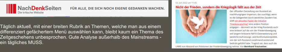 Täglich aktuell, mit einer breiten Rubrik an Themen, welche man aus einem differenziert gefächertem Menü auswählen kann, bleibt kaum ein Thema des Zeitgeschehens unbesprochen. Gute Analyse außerhalb des Mainstreams - ein tägliches MUSS.